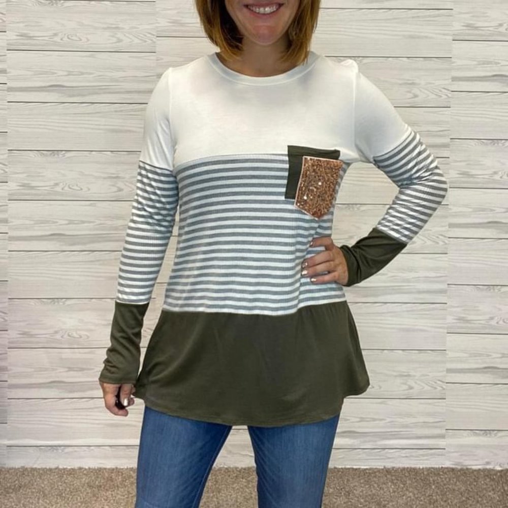 Mixed Print Tunic Top - Olive